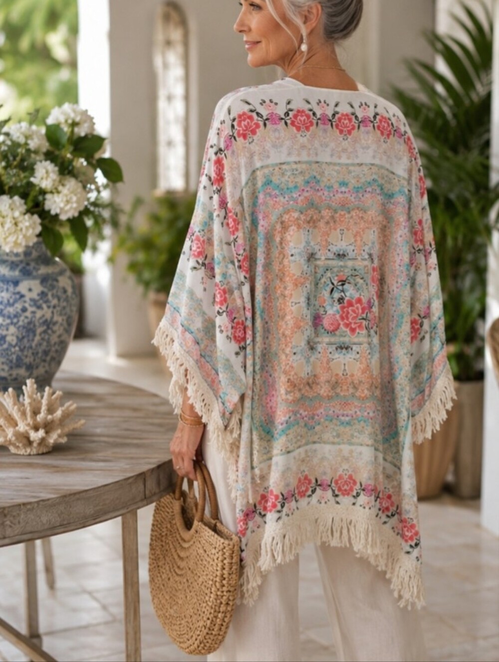 Boho Floral Fringe Kimono | Lightweight Sheer Layer | One Size